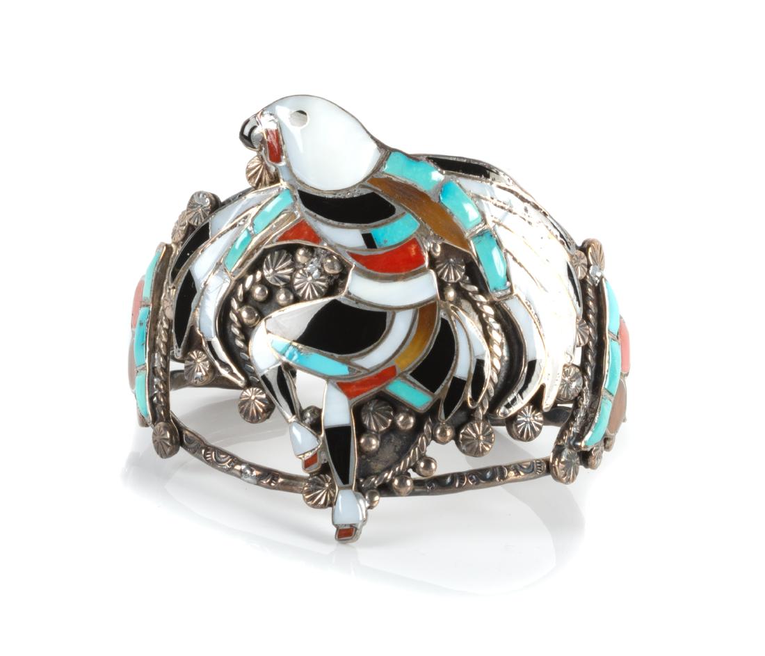 Zuni Silver and Mosaic Inlay Eagle Dancer Cuff Bracelet (1 of 1)