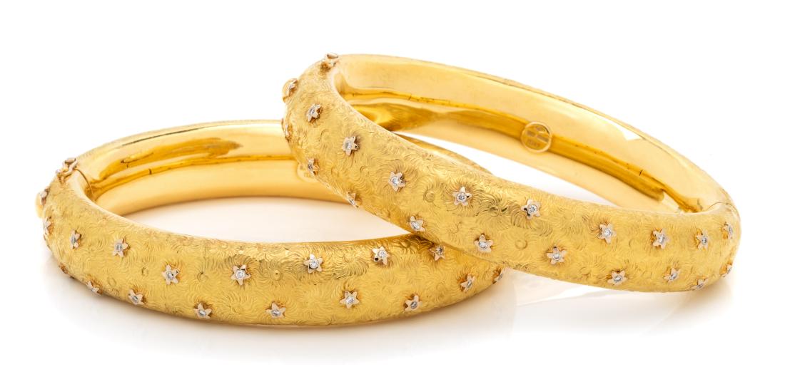 A Pair of 18 Karat Yellow Gold and Diamond Bangle (1 of 1)