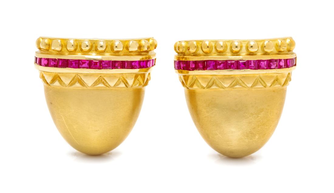 A Pair of 18 Karat Yellow Gold and Ruby Earclips, (1 of 1)
