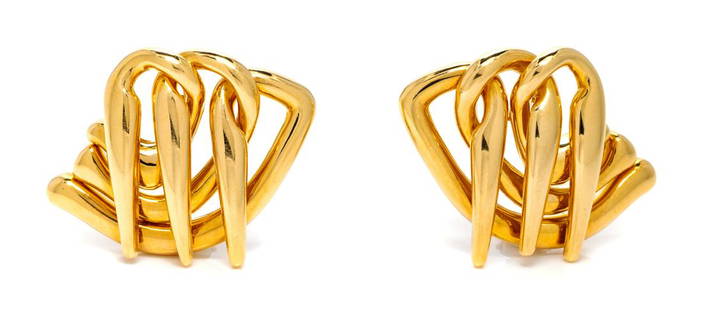 A Pair of 18 Karat Yellow Gold Earclips, Michael: A Pair of 18 Karat Yellow Gold Earclips, Michael Bondanza, consisting of an abstract swan design. Stamp: 18K (maker's mark). 21.70 dwts.