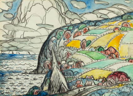 Marc-Aurèle Fortin, (Canadian, 1888-1970), Gaspé Coast: Marc-Aurèle Fortin (Canadian, 1888-1970) Gaspé Coast watercolor and pastel on paper signed M.A. Fortin A.R.C.A. (lower right) 25 x 33 1/4 inches. Estimate $3,000-5,000