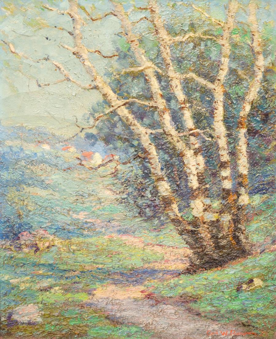 * Carl Wendell Rawson, (American, 1884-1970), Birch: * Carl Wendell Rawson (American, 1884-1970) Birch Trees, 1923 oil on canvas signed Carl W. Rawson (lower right) 21 x 17 inches. Estimate $800-1,200 Property from the Collection of Ms. Doreen Rohr,