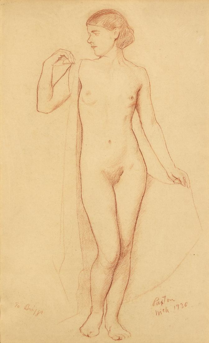 * William McGregor Paxton, (American, 1869-1941), Nude: * William McGregor Paxton (American, 1869-1941) Nude Model, 1930 red chalk on paper signed Paxton and dated (lower right); inscribed (lower left) 19 x 12 1/2 inches. Estimate $600-800 Property fro