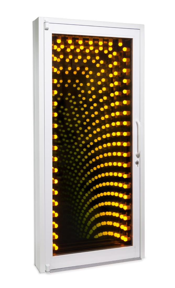 Iván Navarro, (Chilean, b. 1972), The Edge, 2007: Iván Navarro (Chilean, b. 1972) The Edge, 2007 light bulbs, aluminum door with mirrors and glass, and electrical fittings number 2 from the edition of 3 86 x 36 x 9 inches. Estimate $30,000-50,000