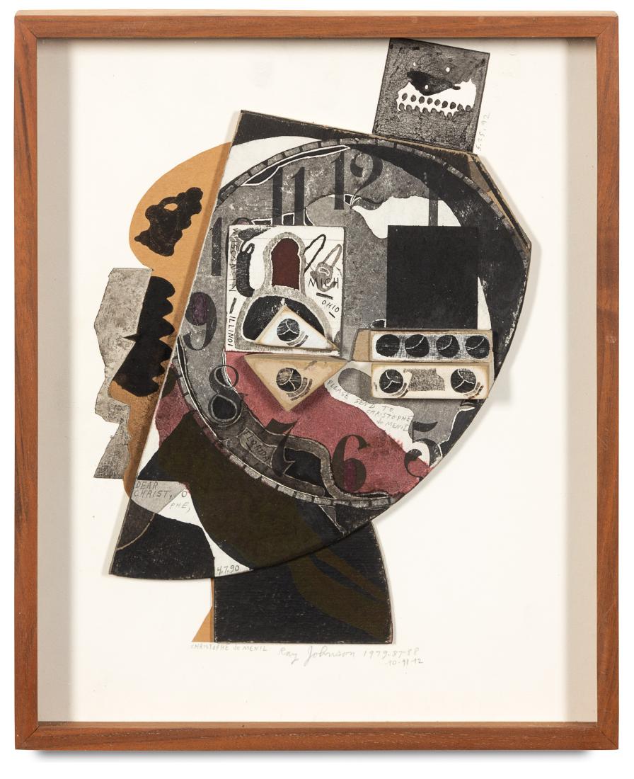 Ray Johnson, (American, 1927-1995), Christophe de Menil: Ray Johnson (American, 1927-1995) Christophe de Menil Silhouette, c. 1979-87-88-90-91-92 collage on illustration board signed Ray Johnson, titled and dated (lower center); estate stamped (verso) 10 1/