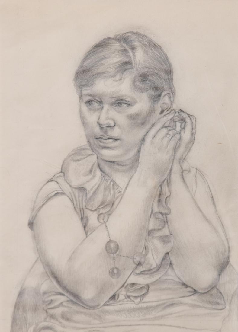 Edward Laning, (American, 1906-1981), The Earing: Edward Laning (American, 1906-1981) The Earing pencil on paper 9 1/2 x 6 3/4 inches. Estimate $250-350 Midtown Payson Galleries, New York, NY Smudging on paper; Framed 19 x 15 inches.