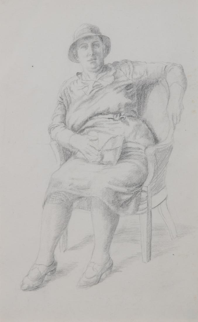 Katherine Schmidt, (American, 1898-1978), Seated Woman: Katherine Schmidt (American, 1898-1978) Seated Woman with Purse, 1937 pencil on paper 9 1/4 x 6 inches. Estimate $200-300 Midtown Payson Galleries, New York, NY Minor foxing to right upper edge; F