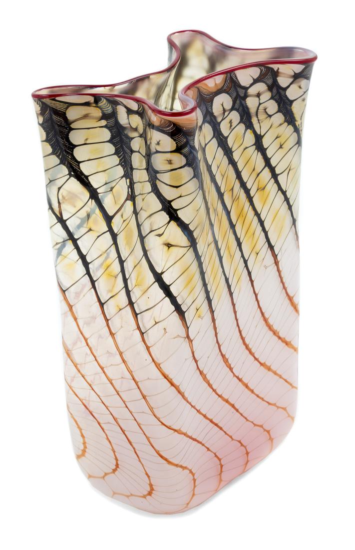 Thomas Philabaum, (American, b. 1947), Reptialian Bag: Reptialian Bag Vessel, 1982 Thomas Philabaum, (American, b. 1947), blown glass, etched Thomas Philabaum 1982 to underside, Height 9 3/4 x width 5 x depth 3 1/4 inches
