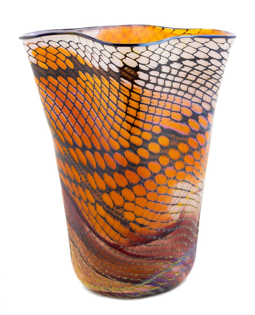 Thomas Philabaum, (American, b. 1947), Reptialian Bag: Reptialian Bag Vessel, 1983 Thomas Philabaum, (American, b. 1947), blown glass, etched Philabaum 1983 to lower edge, Height 13 1/4 x width 10 inches