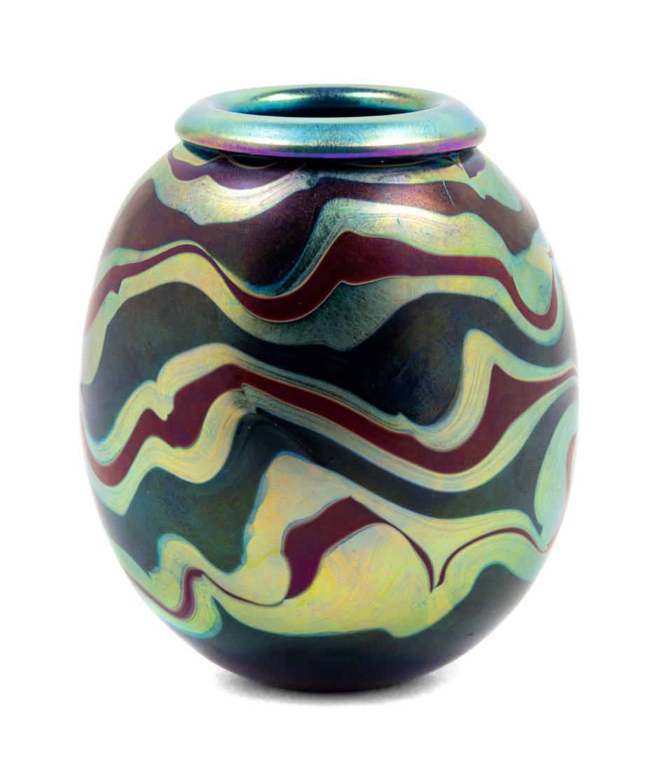 Mark Peiser, (American, b. 1938), Vase, 1975: Vase, 1975 Mark Peiser, (American, b. 1938), blown glass, etched MARK PEISER 1975 to lower edge, Height 3 1/2 x diameter 3 inches