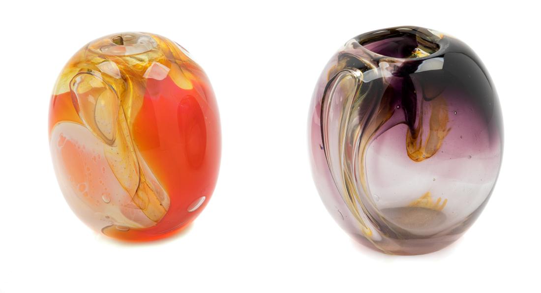 Michael Baylen, (American, 20th Century), Pair of Art: Pair of Art Glass Vases Michael Baylen, (American, 20th Century), blown glass, each example etched Michael Baylen, Height of tallest 4 1/4 inches