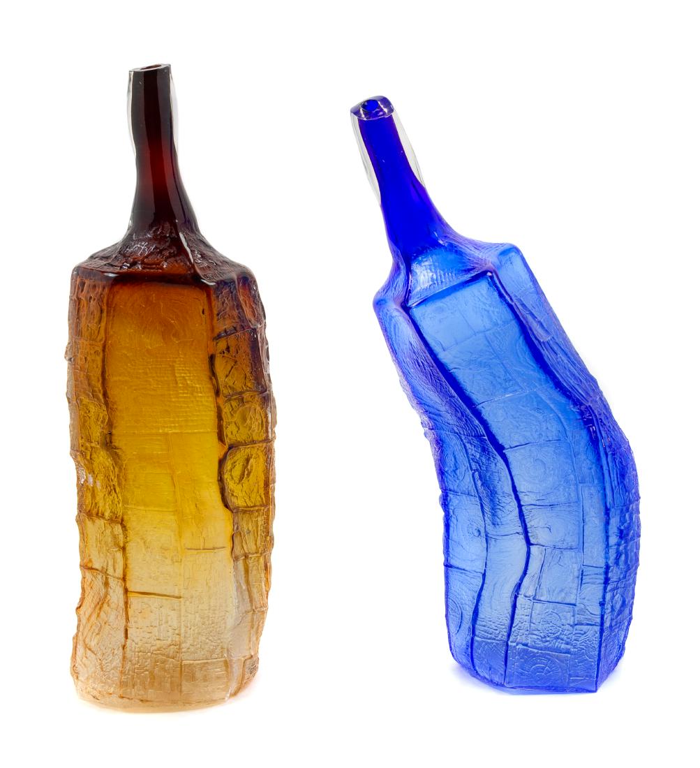 Kelley Studios, American, 20th Century, Pair of Bottle: Pair of Bottle Form Art Glass Sculptures Kelley Studios, American, 20th Century, blown and cast glass, each example etched Kelley 03 to underside, Height of tallest element 17 inches