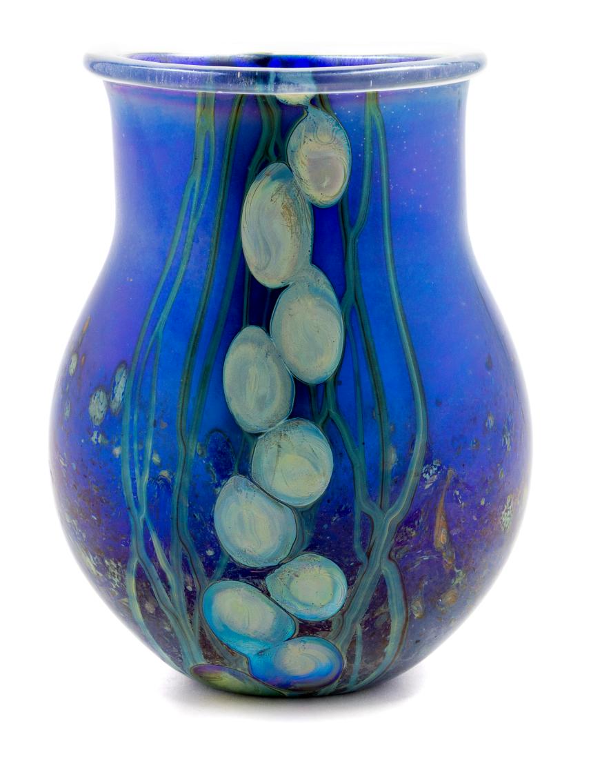 Nick Delmatto, (American, 20th Century), Vase, 1987: Vase, 1987 Nick Delmatto, (American, 20th Century), blown glass, etched Delmatto 1987 to underside, Height 8 x width 6 x depth 4 inches