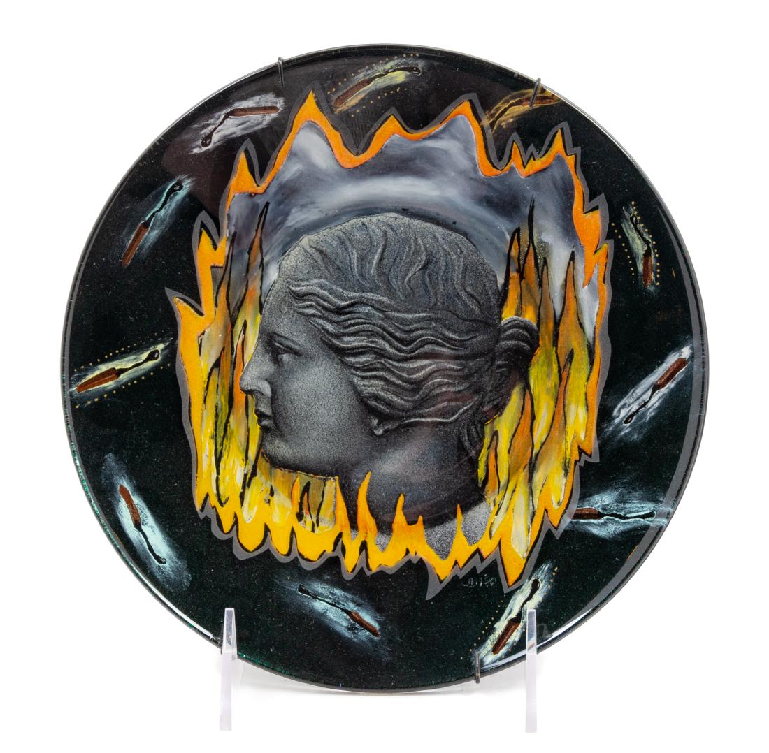 Judy Bally Jensen, (American, b. 1953), Volcanic Plate,: Volcanic Plate, 1989 Judy Bally Jensen, (American, b. 1953), painted glass, etched JBJ 89, Diameter 8 inches