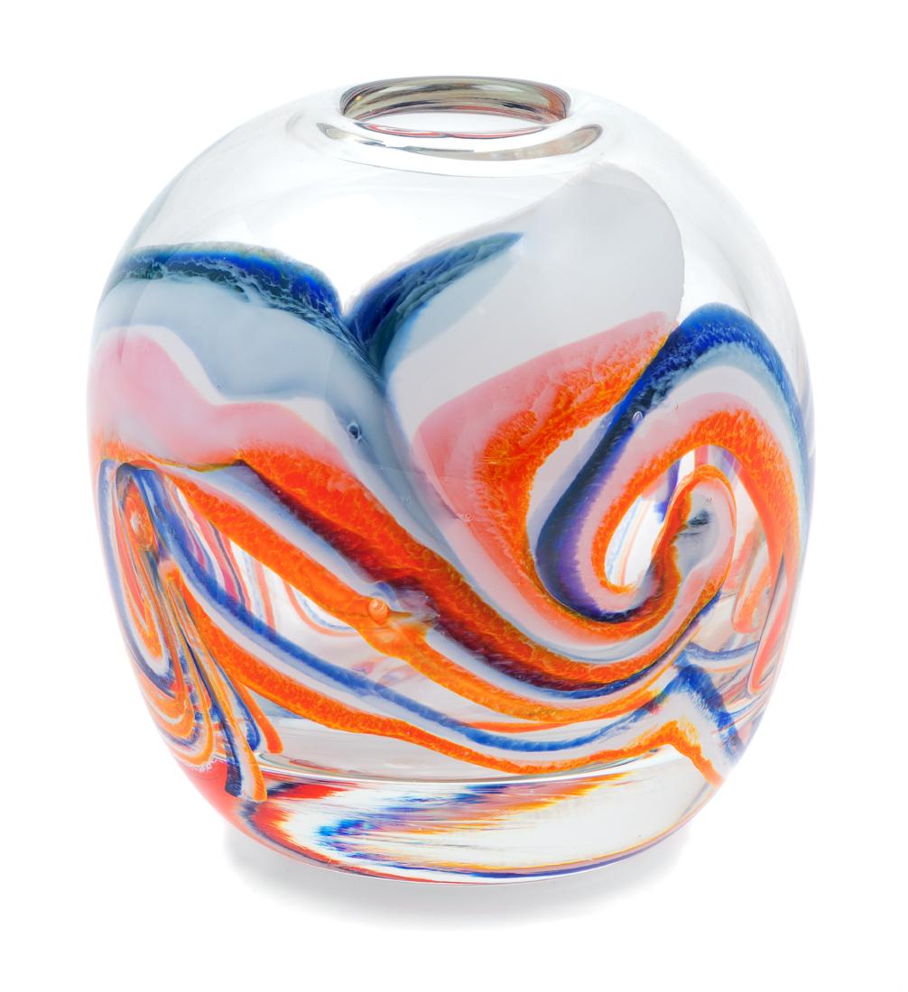 Dominick Labino, (American, 1910-1987), Vase: Vase Dominick Labino, (American, 1910-1987), blown glass, etched Labino 6-1975 to underside, Height 4 3/4 x diameter 4 1/2 inches