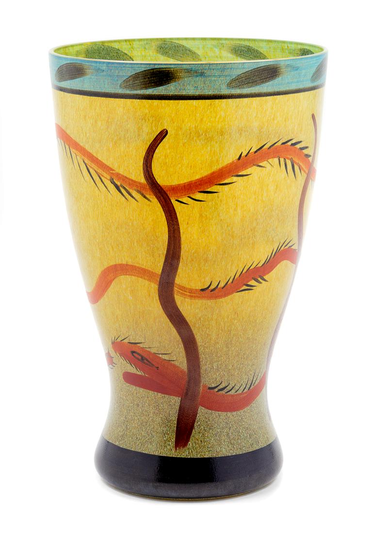 Ulrica Hydman-Vallien, (Swedish, 1938-2018), Vase Kosta: Vase Kosta Boda, Sweden Ulrica Hydman-Vallien, (Swedish, 1938-2018), blown and painted glass, etched ULRICA HV/NR to lower edge, Height 12 1/2 x diameter 8 inches