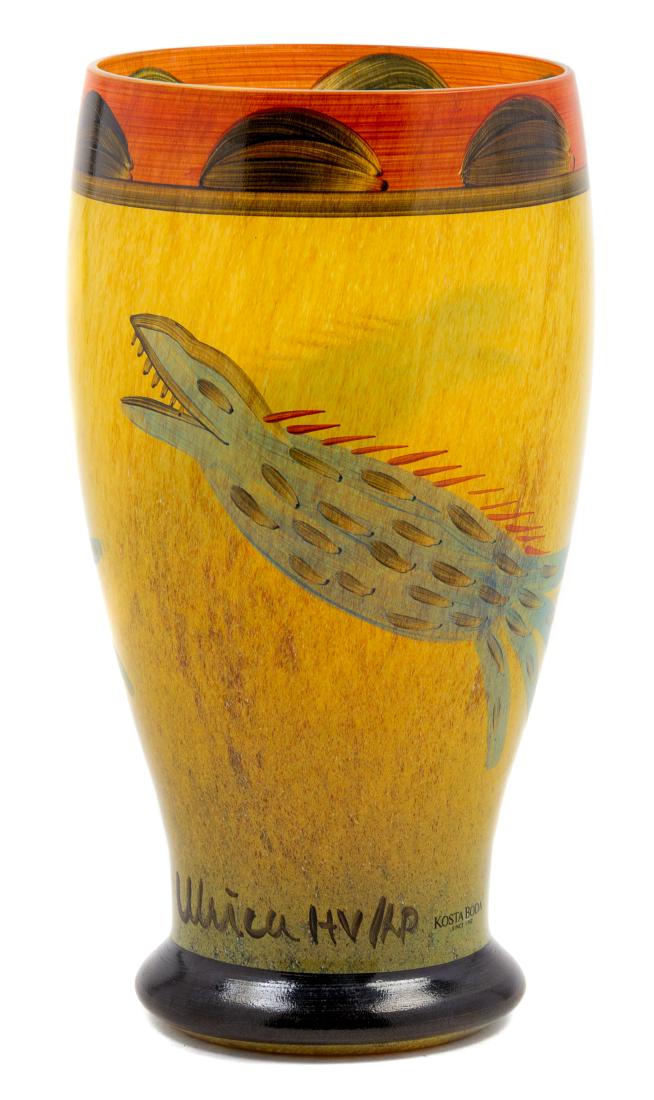 Ulrica Hydman-Vallien, (Swedish, 1938-2018), Vase Kosta: Vase Kosta Boda, Sweden Ulrica Hydman-Vallien, (Swedish, 1938-2018), blown and painted glass, etched ULRICA HU/NR to lower edge, Height 8 3/4 x diameter 4 1/2 inches
