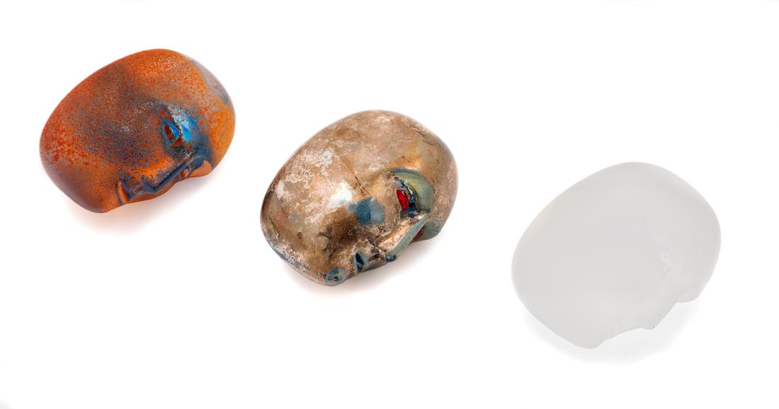 Bertil Vallein, (Swedish, b. 1938), Three Brains: Three Brains Paperweights Kosta Boda, Sweden Bertil Vallein, (Swedish, b. 1938), cast glass, etched Kosta Boda Bertil Vallien to each example, Each example : Height 2 3/4 x width 1 3/4 x depth 2 1/2 i