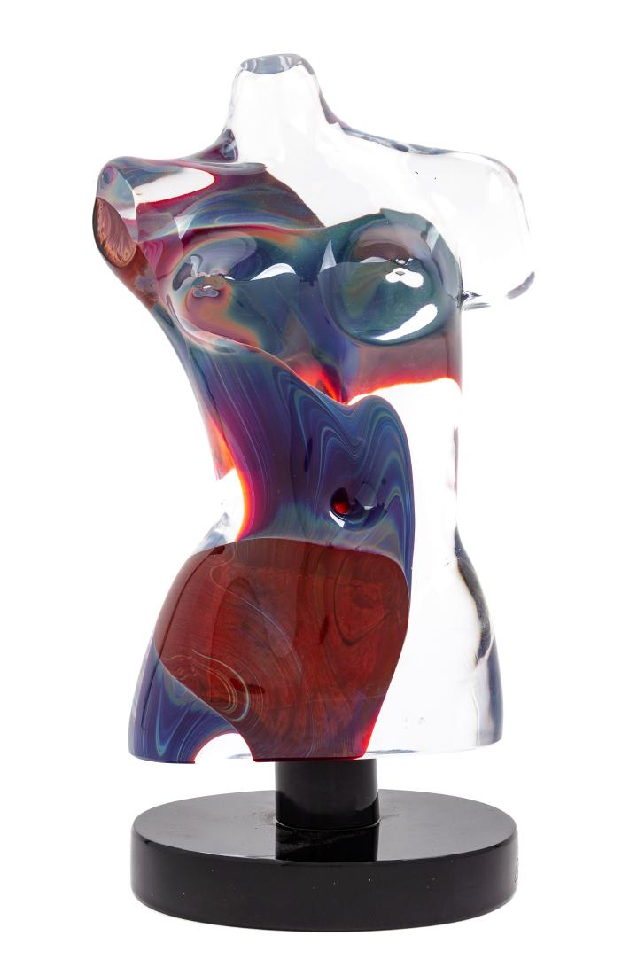 Dino Rosin, (Italian, b. 1948), Female Figural Form on: Female Figural Form on Base Dino Rosin, (Italian, b. 1948), blown glass, etched Dino Rosin to edge of base with applied paper labels to underside, Height 13 x width 6 3/4 x depth 4 1/2 inches