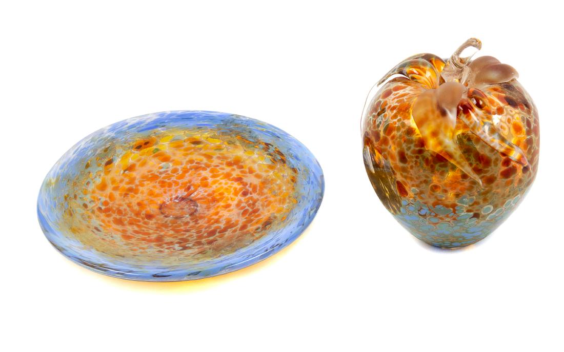 Audrey Handler, (American, 20th Century), Apple Form: Apple Form with Plate Audrey Handler, (American, 20th Century), blown glass, etched to each element Audrey Handler 1985 to underside, Height 3 1/2 x diameter 4 inches