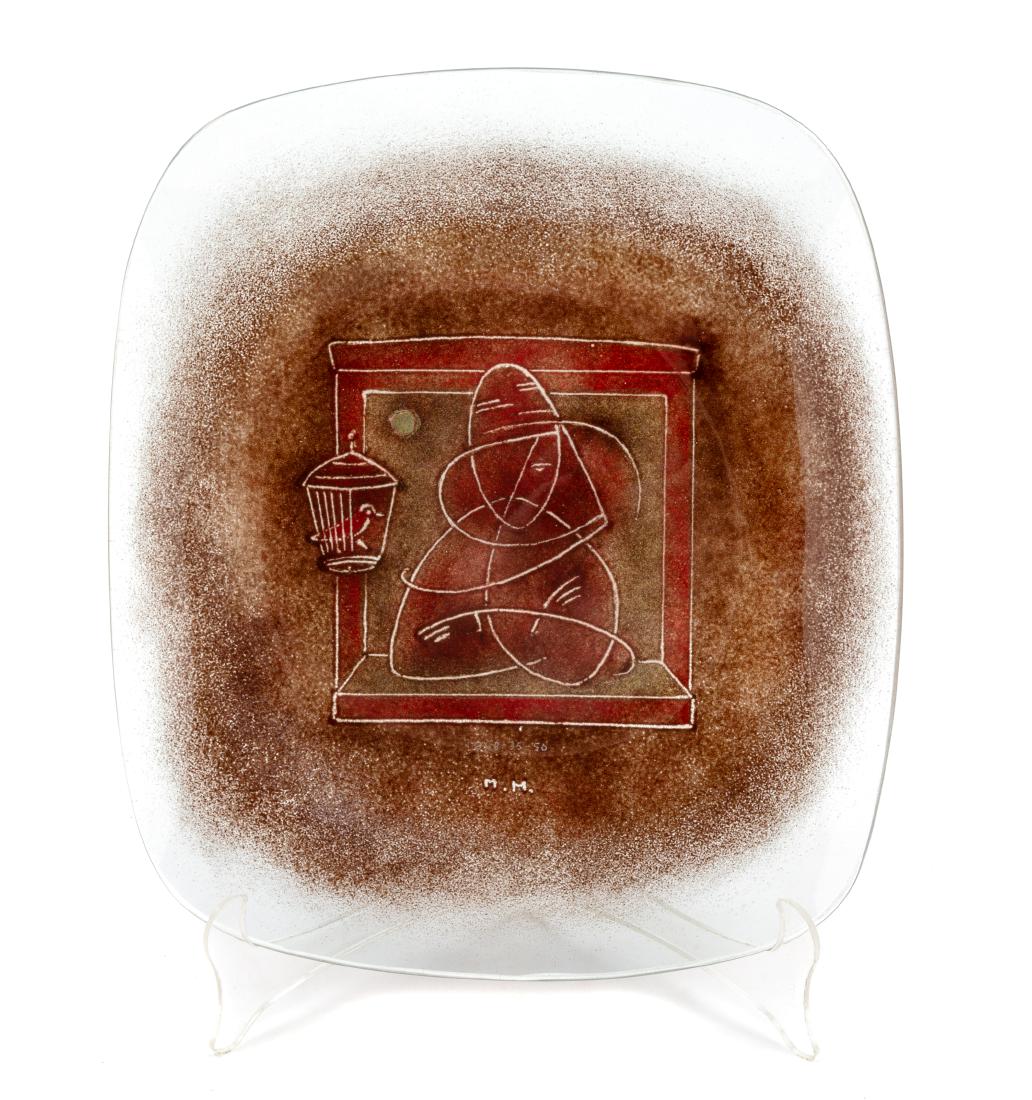 Maurice Heaton, (Swiss/American, 1900-1990), A Bird is: A Bird is Not Enough Maurice Heaton, (Swiss/American, 1900-1990), slumped glass, etched #1868-35-59 MH, Length 10 1/2 width x 9 1/4 inches