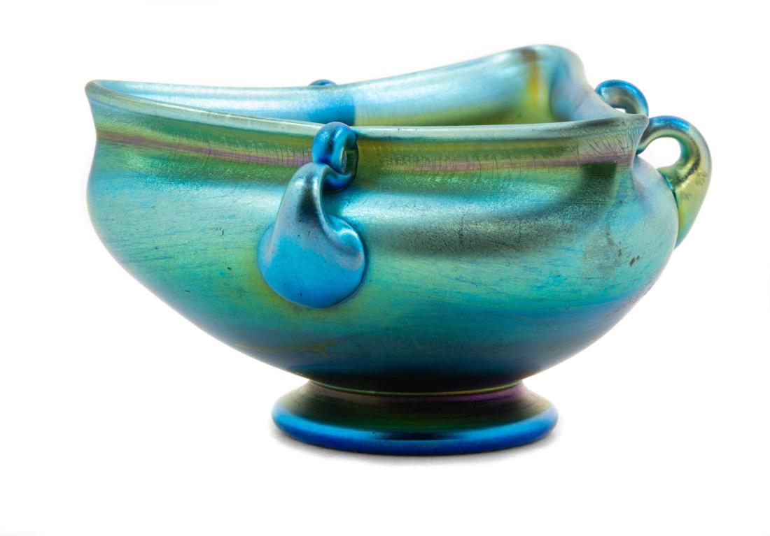 Tiffany Studios, America, Early 20th Century, Handeled: Handeled Bowl Tiffany Studios, America, Early 20th Century, Favrile glass, etched 9548H L.C.Tiffany Favrile to underside, Height 2 3/8 inches