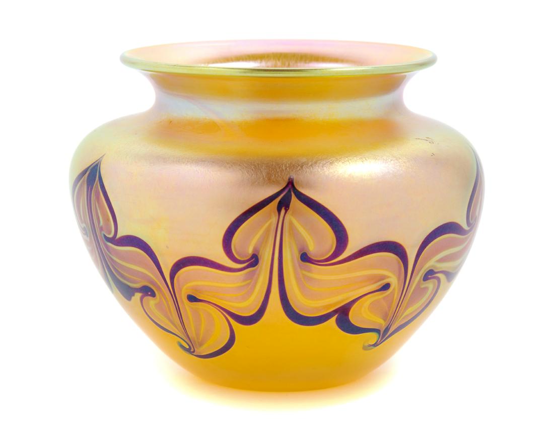 Tiffany Studios, America, Early 20th Century,: Iridescent Vase with Pulled Decoration Tiffany Studios, America, Early 20th Century, glass, etched L.C.Tiffany to underside, Height 4 1/4 inches