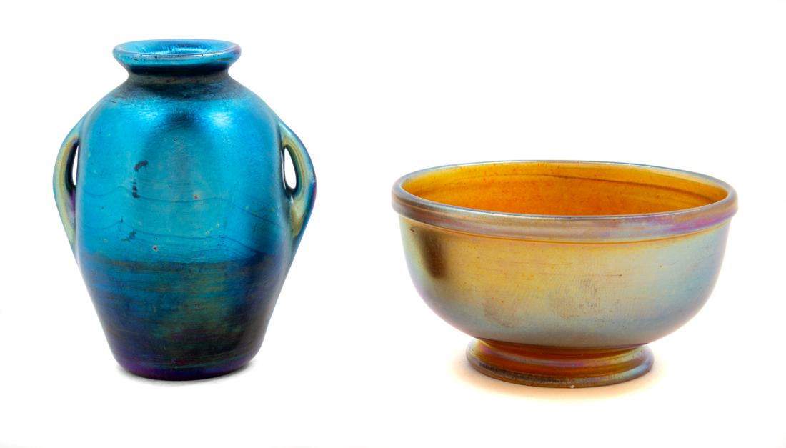 Tiffany Studios, America, Early 20th Century, A Blue: A Blue Handeled Vessel with a Gold-Tone Bowl Tiffany Studios, America, Early 20th Century, Favrile glass, both examples with etched signature to underside, Height of tallest 2 1/4 inches