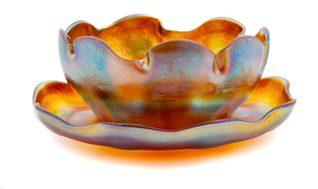 Tiffany Studios, America, Early 20th Century, Bowl and: Bowl and Under Plate Tiffany Studios, America, Early 20th Century, Favrile glass, etched L.T.C. to underside, Diameter of saucer 6 1/8 inches