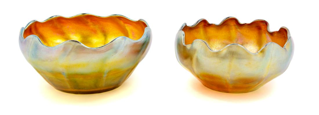Tiffany Studios, America, Early 20th Century, A Pair of: A Pair of Bowls Tiffany Studios, America, Early 20th Century, Favrile glass, etched L.C.Tiffany Favrile to underside, Diameter 4 3/4 inches