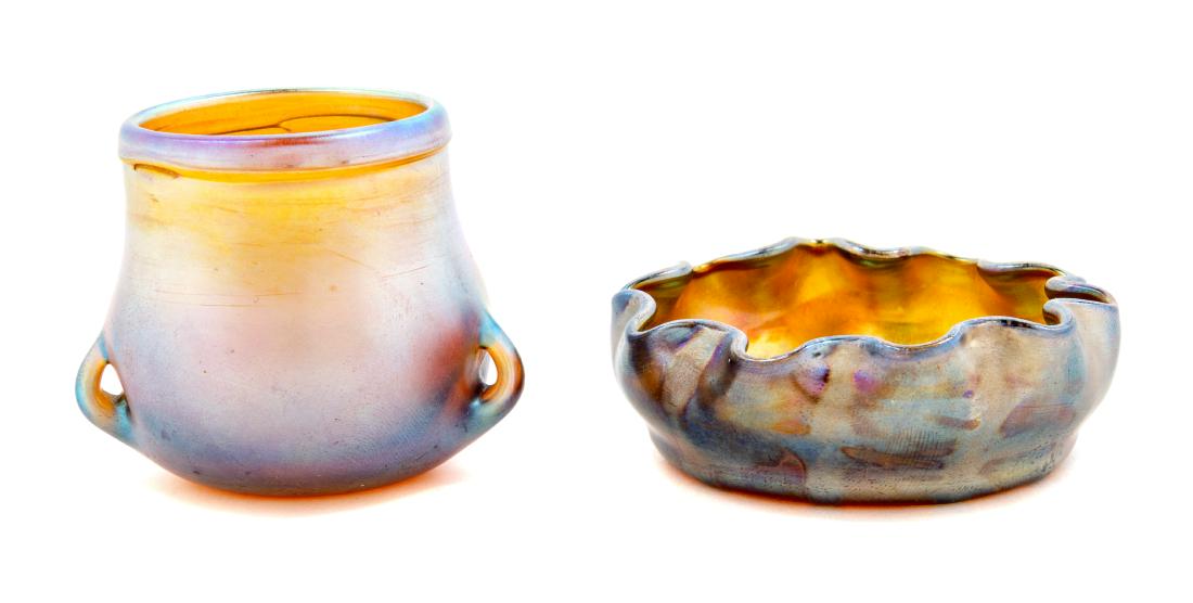 Tiffany Studios, American, Early 20th Century, Salt: Salt Cellar and Vase Tiffany Studios, American, Early 20th Century, Favrile glass, etched L. C. T. and 1015-4051M L. C. Tiffany Inc. Favrile, respectively, Diameter of larger 2 1/2 inches
