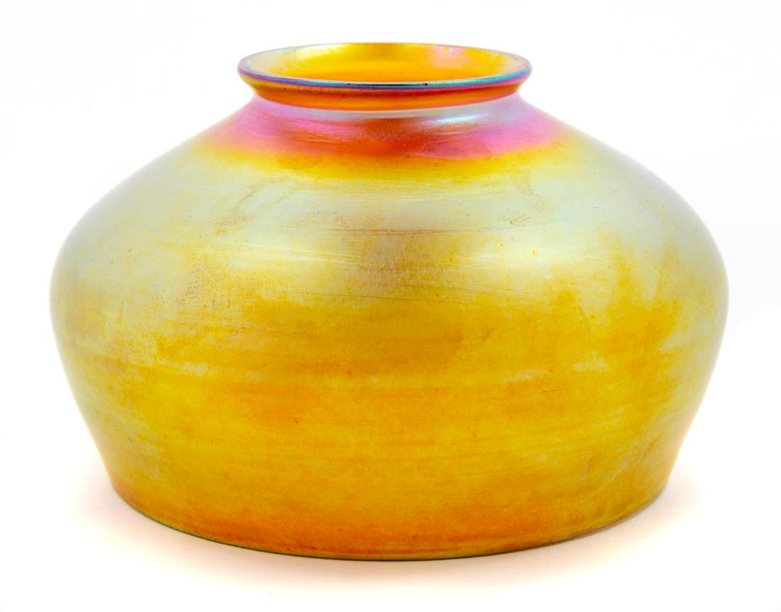 Steuben, Attribution, American, Early 20th Century,: Iridescent Lamp Shade Steuben, Attribution, American, Early 20th Century, glass, unsigned, Diameter 5 1/4 inches