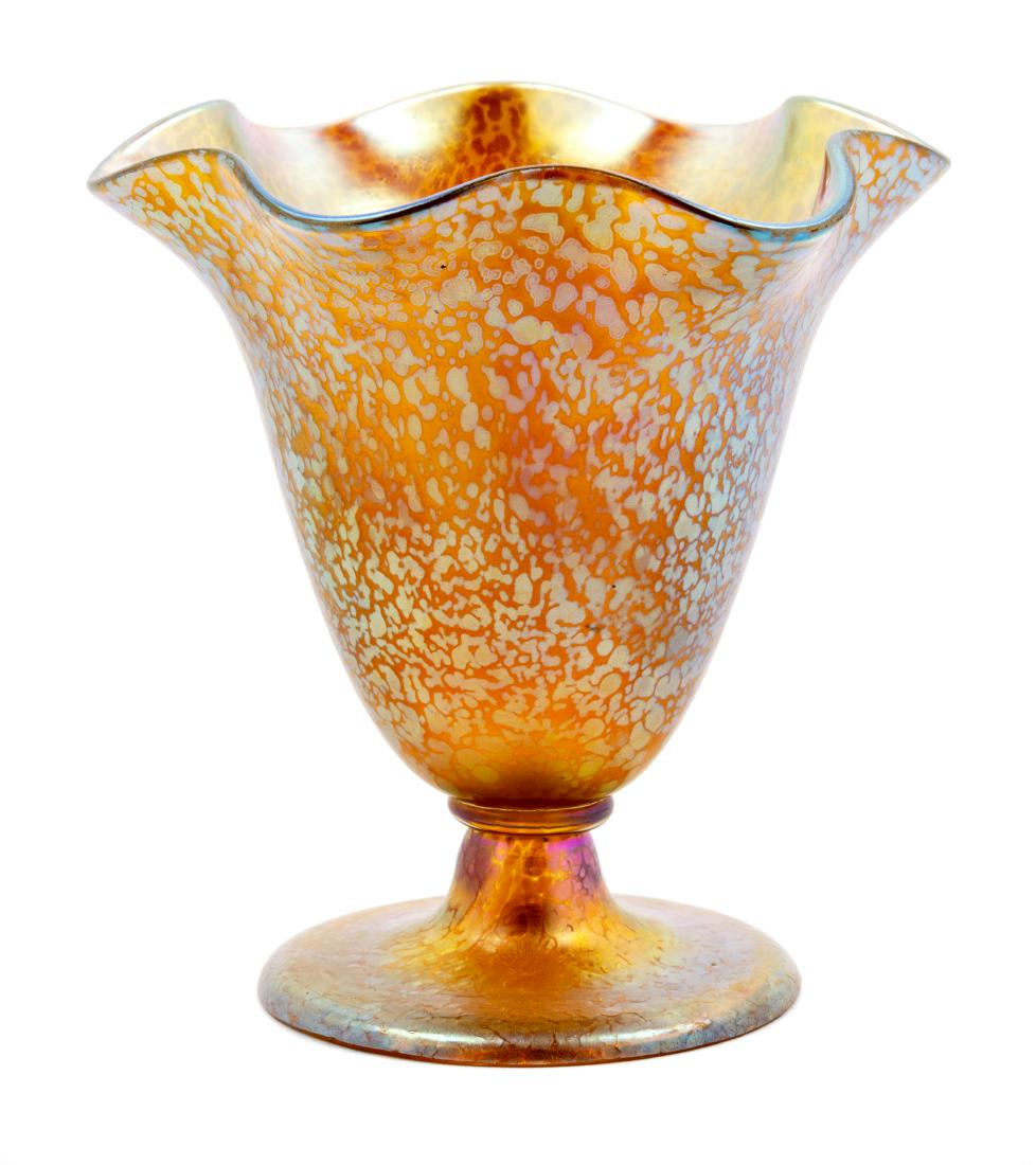 Loetz, Czech, Early 20th Century, Footed Vase: Footed Vase Loetz, Czech, Early 20th Century, glass, acid-etched CZECHOSLOVAIKA to underside, Height 5 1/4 x diameter 5 nches