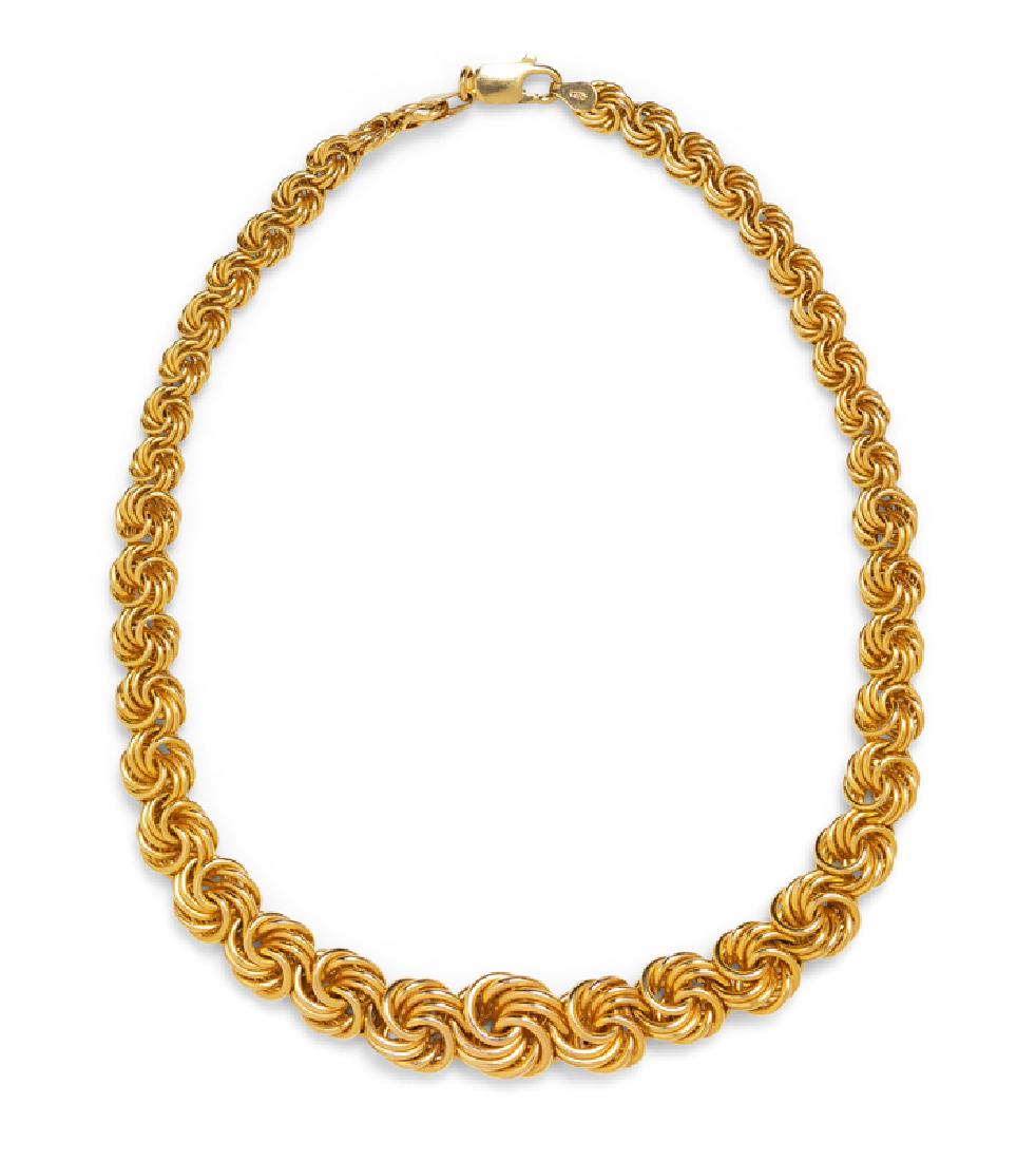 *A 14 Karat Yellow Gold Necklace, Italian,: consisting of graduating fancy link chain. Stamp: 585 ITALY GX. 22.05 dwts. Property from the Collection of Scott Reed, Chicago, Illinois