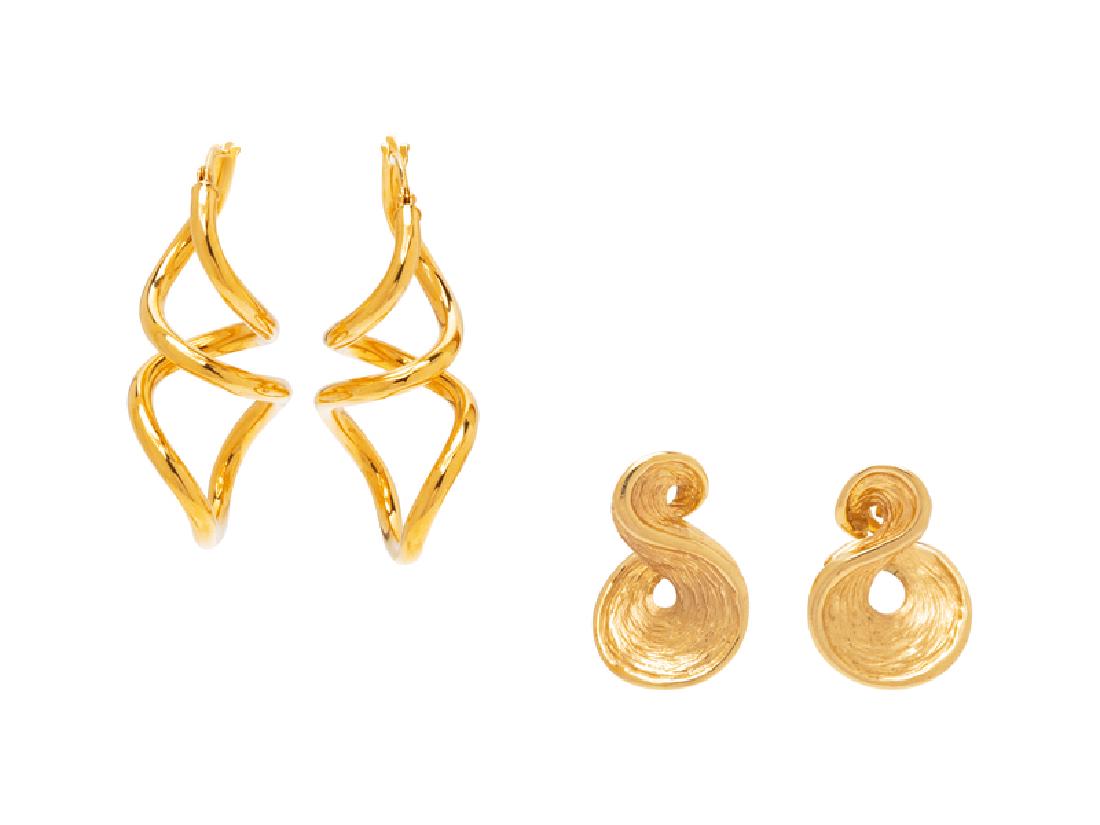 *A Collection of 14 Karat Yellow Gold Swirl Earrings,: consisting of two pairs of organic swirl earrings. Stamp: MILOR 14KT ITALY. Stamp: ITALY 14Kt. 5.00 dwts. Property from the Collection of Scott Reed, Chicago, Illinois