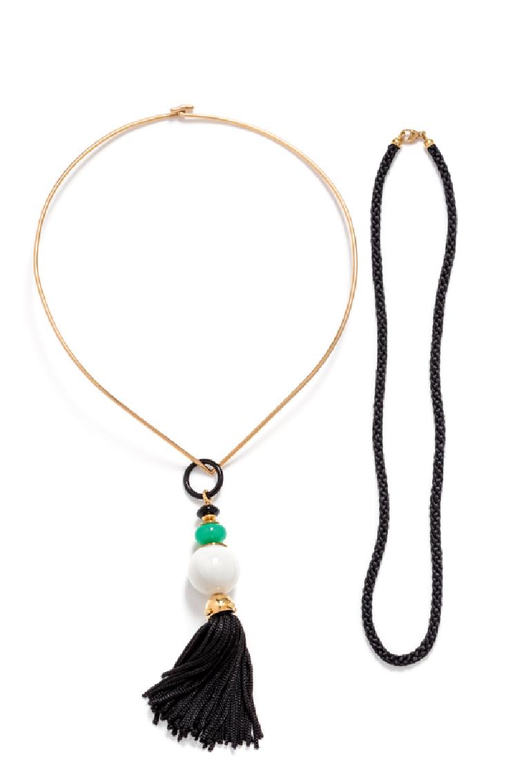 An 18 Karat Yellow Gold and Gemstone Tassel Pendant: the tassel pendant containing one round white agate bead measuring approximately 18.20 mm in diameter, one chrysoprase bead measuring approximately 11.10 mm wide and one onyx bead measuring approximat