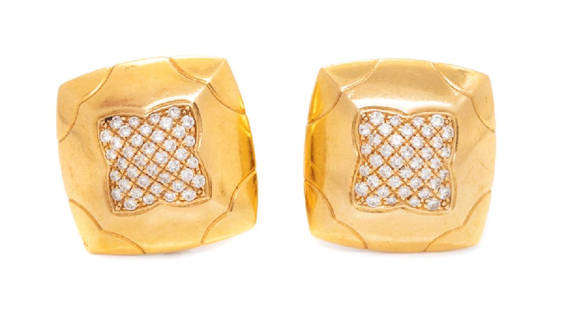 A Pair of 18 Karat Yellow Gold and Diamond 'Pyramid': containing 80 round brilliant cut diamonds weighing approximately 1.60 carats total. Stamp: BVLGARI (Italian hallmark) 750. 16.70 dwts.