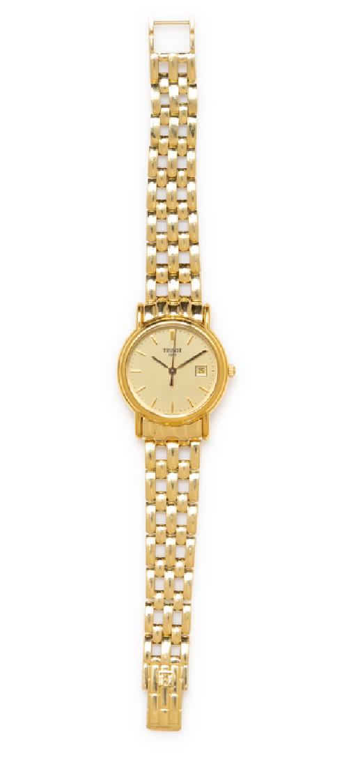 An 18 Karat Yellow Gold Wristwatch, Tissot,: 25.00 mm case diameter, matte gold dial signed TISSOT, gold baton numerals, gold pencil hands with center sweep seconds hand, date aperture at 3 o'clock, case back affixed with six screws, quartz move