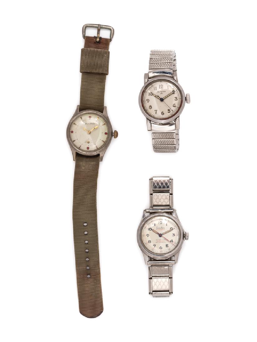 A Collection of Stainless Steel Wristwatches, Hamilton,: consisting of one watch with 29.00 mm case diameter, off-white dial signed BULOVA, gold tone triangle and red circle numeral markers, gold tone modern hands, subdial for seconds at 6 o'clock, screw do