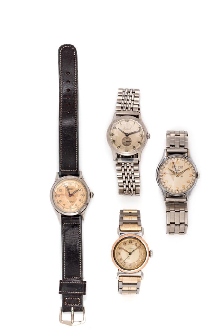 A Collection of Stainless Steel Wristwatches,: consisting of a stainless steel watch with 25.00 mm case diameter, brushed gilt dial signed MOVADO, applied gilt Arabic numerals, outer chapter ring, gilt sword hands, gilt beveled bezel, screw on cas
