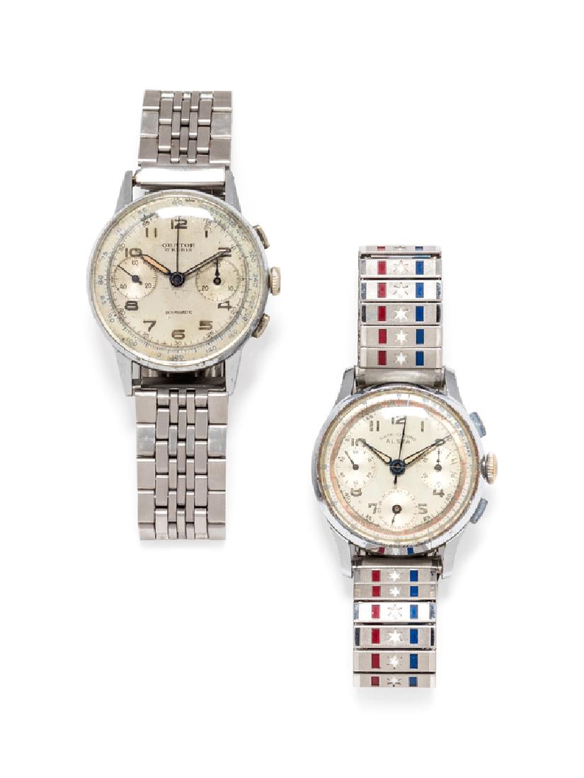 A Collection of Stainless Steel Chronograph: consisting of a stainless steel watch with 34.00 mm case diameter, matte silvered dial signed ORATOR, Arabic numerals, outer tachometer chapter ring, blued steel radium hands, center sweep seconds, 30