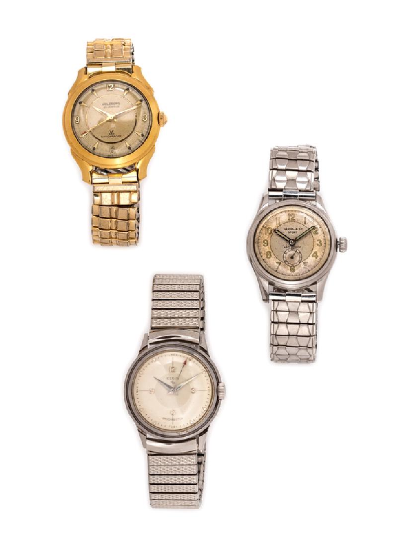 A Collection of Shockproof Watches, Borel & Co, Elgin,: 29.00 mm case diameter, matte silvered dial signed BOREL & CO SPORT, luminous Arabic numerals, luminous radium hands, subdial at 6 o'clock for seconds, screw on case back, later expandable bracele