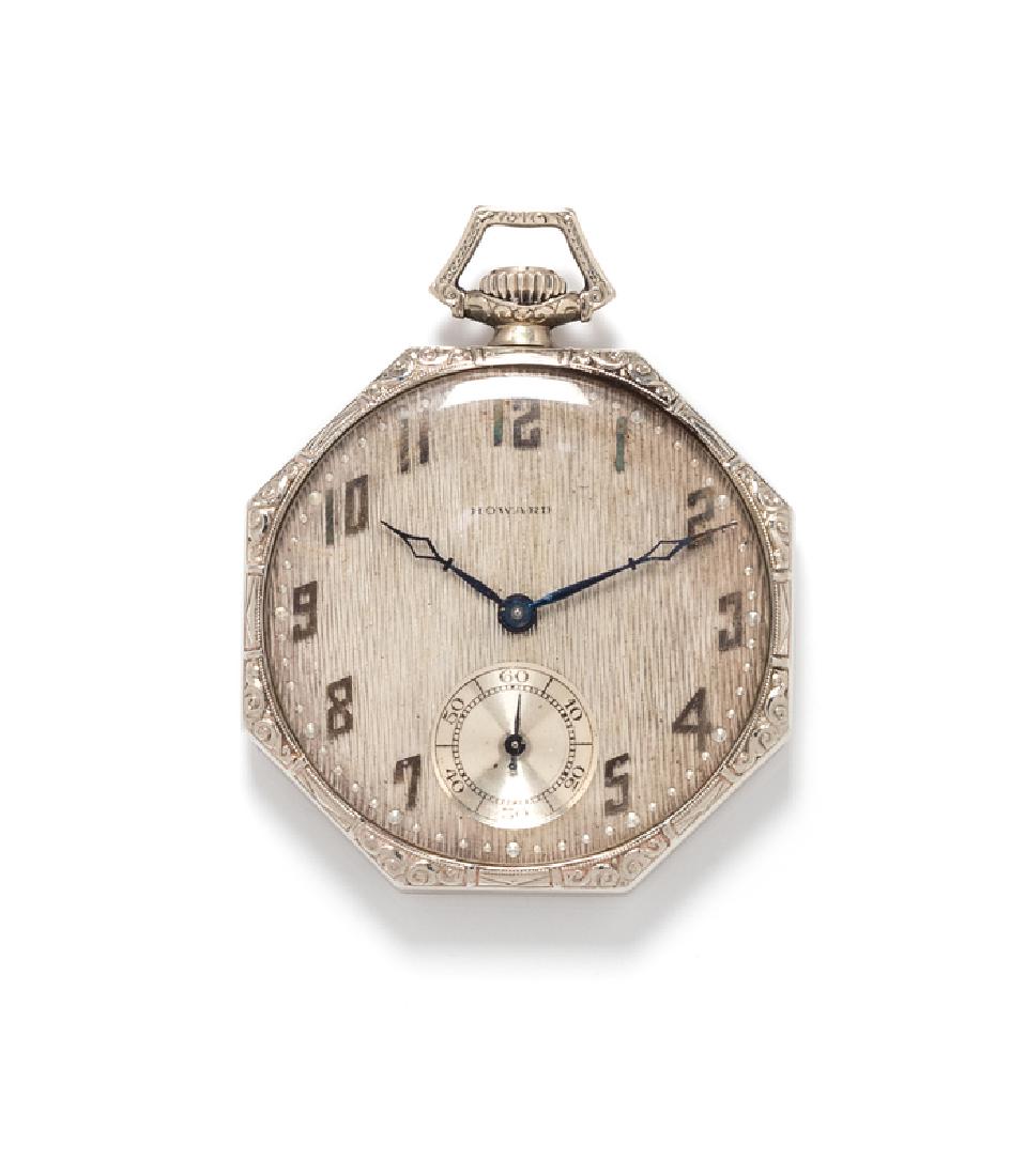 A 14 Karat White Gold Open Face Pocket Watch, Howard: 42.00 x 42.00 mm case dimensions, textured white gold dial signed HOWARD, Arabic numerals, blued steel fancy hands, subdial for seconds at 6 o'clock, monogram engraved case back and foliate octagonal 