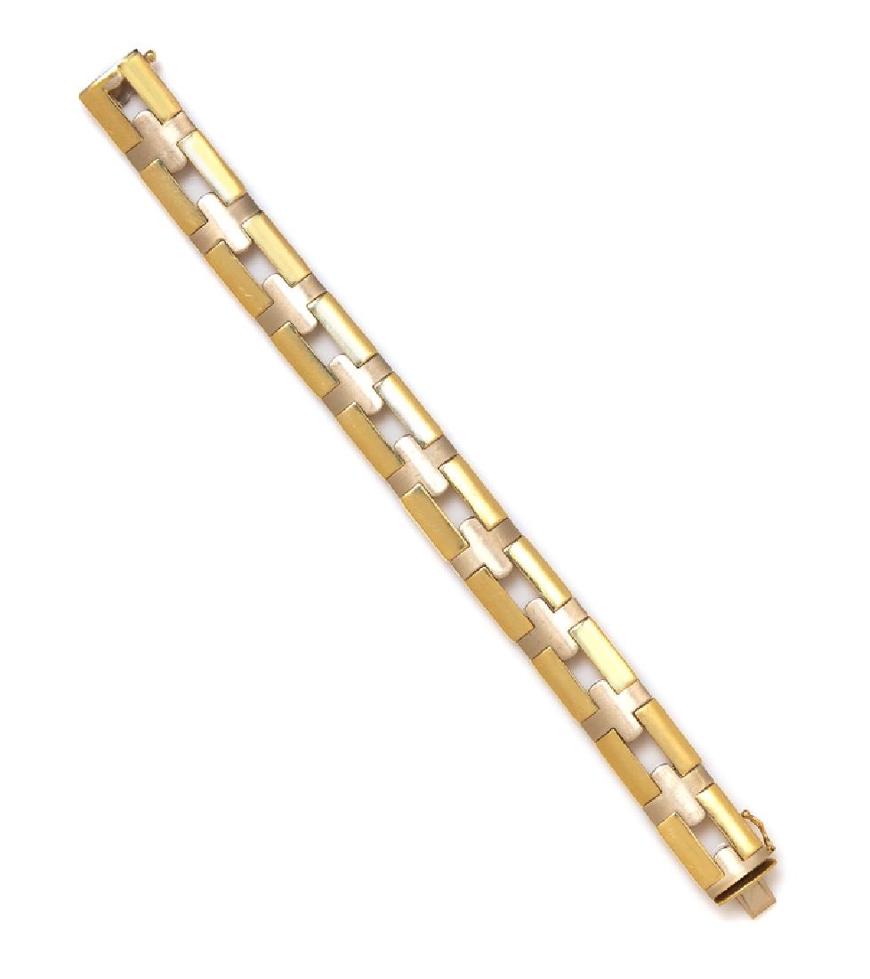 *A 14 Karat Bicolor Bracelet, Italian,: consisting of alternating white cross and yellow bar links. Stamp: 14K ITALY B. 19.50 dwts. Property from the Collection of Scott Reed, Chicago, Illinois