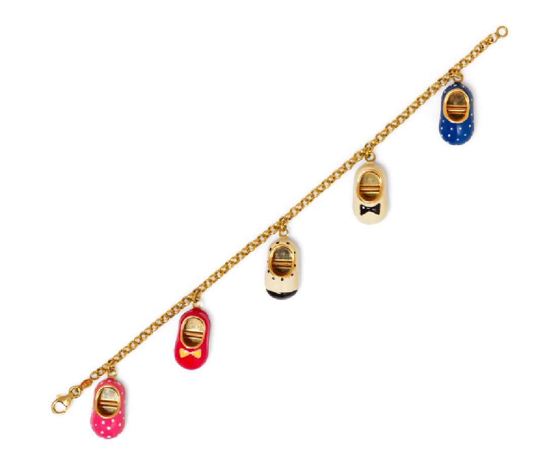 *A 14 Karat Yellow Gold and Enamel Shoe Motif Charm: consisting of a rolo chain bracelet suspending five shoe motif charms with polychrome enamel. Stamp: B ITALY 14Kt. 6.55 dwts. Property from the Collection of Scott Reed, Chicago, Illinois