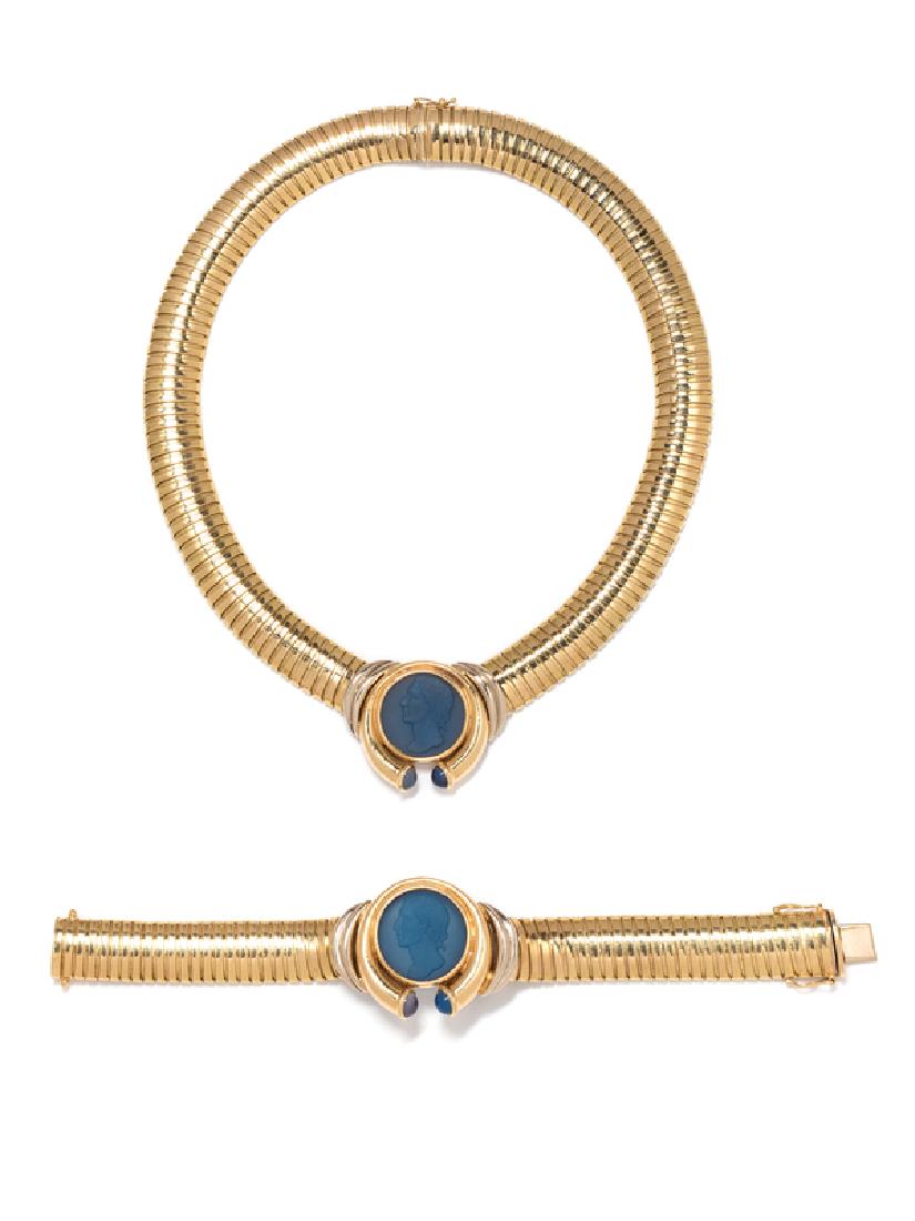 A 14 Karat Yellow Gold, Chalcedony and Glass: consisting of a tubogas necklace containing one round glass portrait of a man, one round cabochon cut chalcedony and one round cabochon cut glass, together with a matching tubogas bracelet. Stamp: 14K