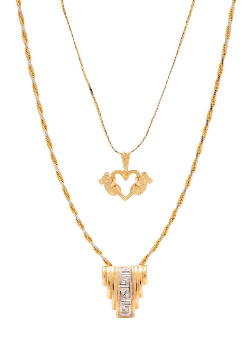 A Collection of 14 Karat Yellow Gold Pendant/Necklaces,: consisting of a bicolor gold pendant with Greek key motif, suspended from a 14 karat bicolor gold rope chain, together with a heart and koala pendant suspended from a cobra chain. Pendant stamp: 14KP.