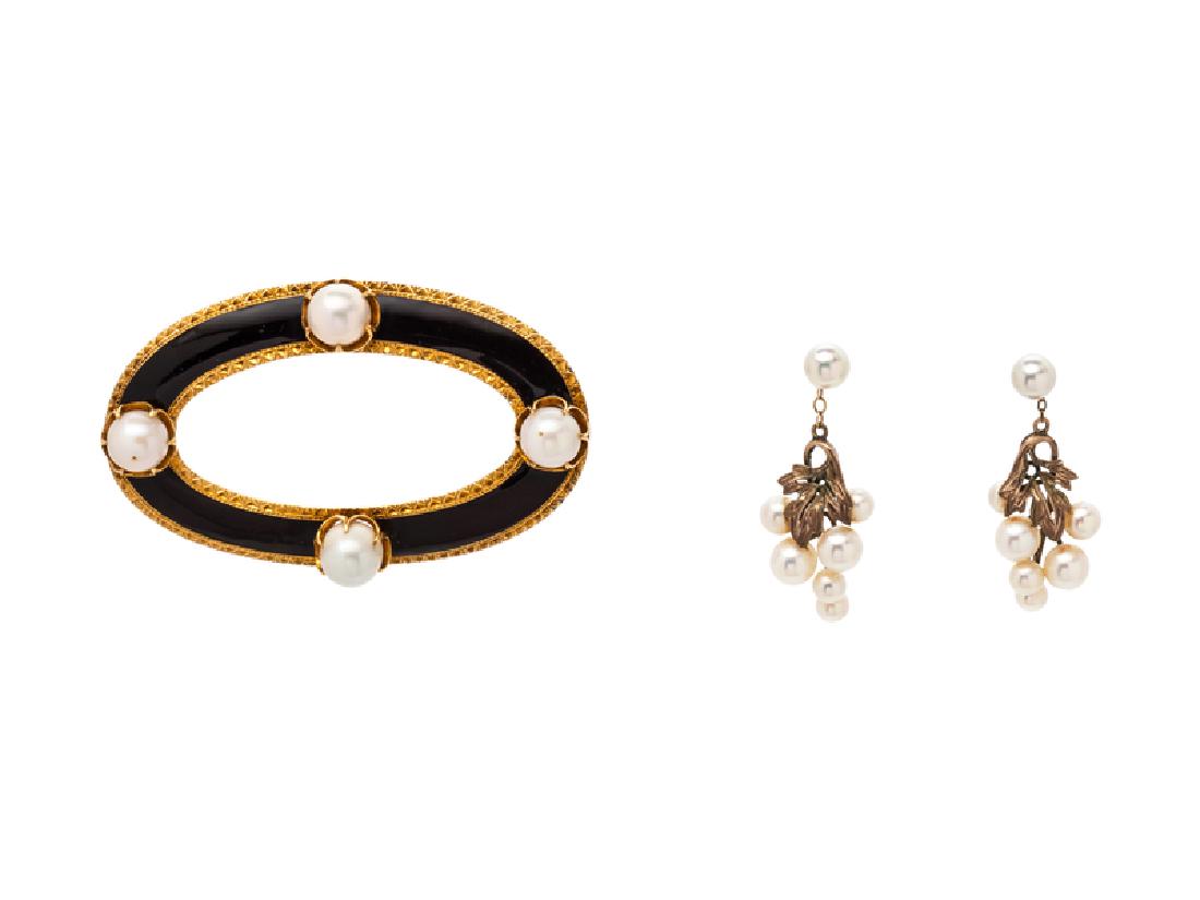A Collection of Yellow Gold and Cultured Pearl Jewelry,: consisting of an open oval shape brooch containing four pearls measuring approximately 6.75 mm in diameter, with black enamel and engraved detail, together with a pair of grape cluster motif earrings