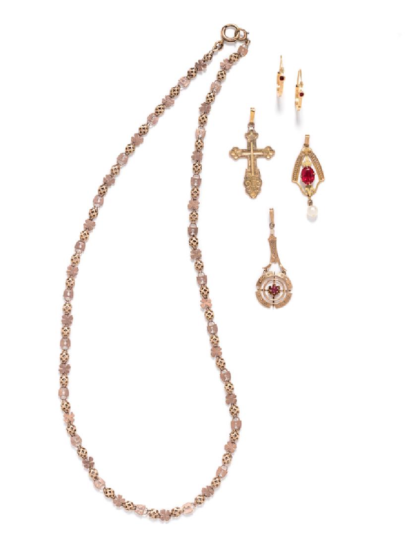 A Collection of Yellow Gold Jewelry,: consisting of a fancy link necklace with clover and padlock motif links, a 14 karat cross pendant, a pair of hoop earrings with engraved detail and two round glass gemstones, together with two 10 kara