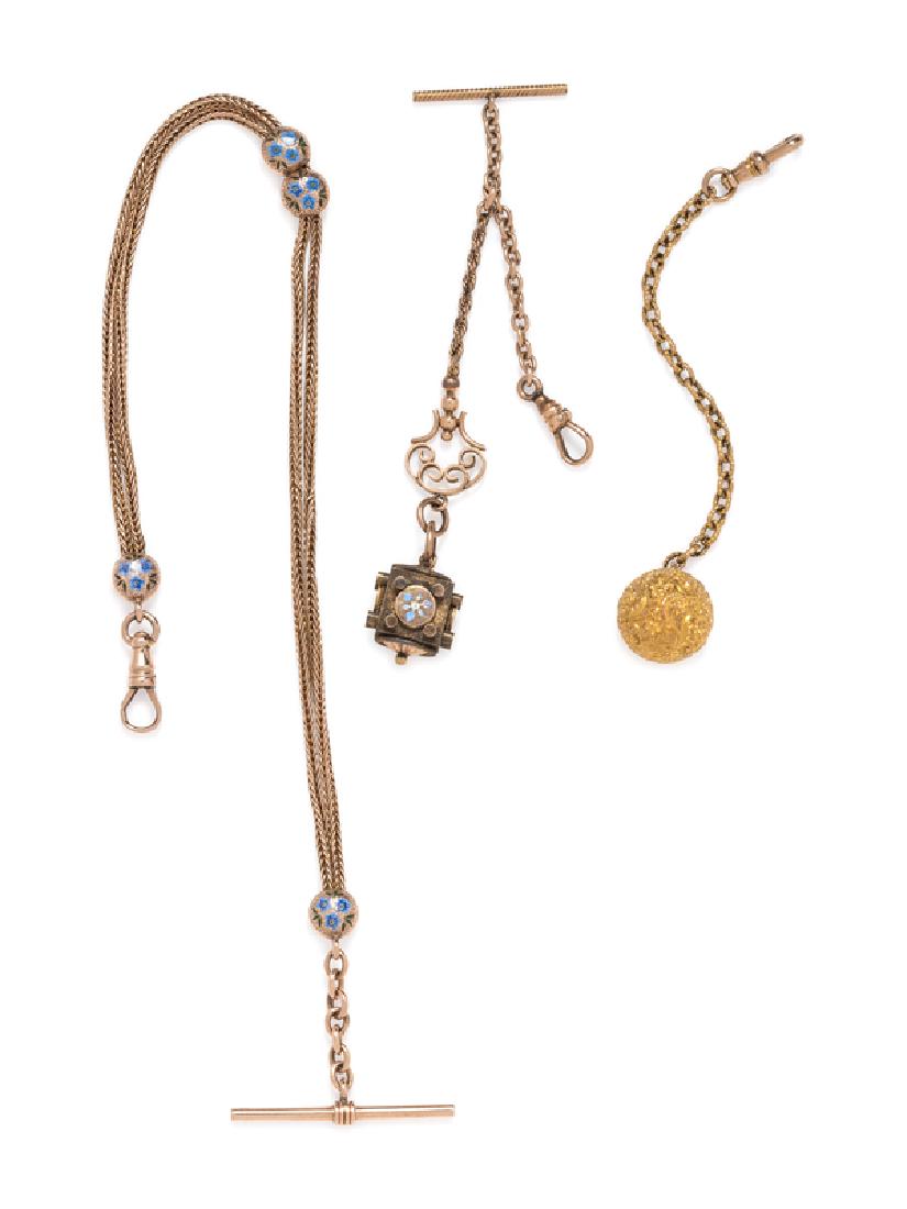 A Collection of Gold Watch Fobs,: consisting of a fob charm with blue and pink foliate motif enamel and rope and cable link chain, a 14 karat yellow gold fob with foliate motif sphere and textured cable link chain, together with a fob